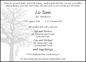 Traueranzeige von Liz Tann 