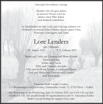 Traueranzeige von Lore Lenders 