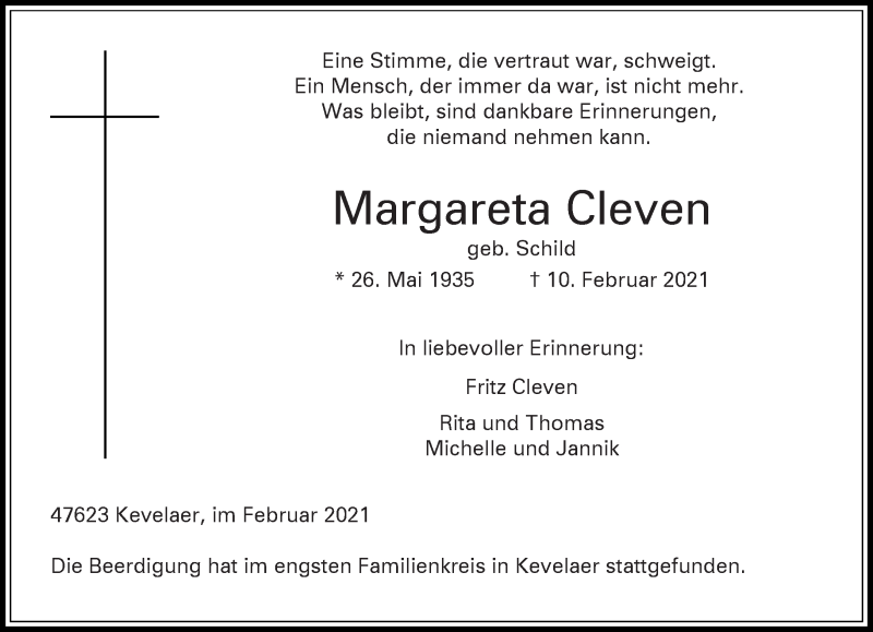  Traueranzeige für Margareta Cleven vom 20.02.2021 aus 