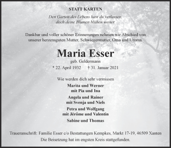 Traueranzeige von Maria Esser 