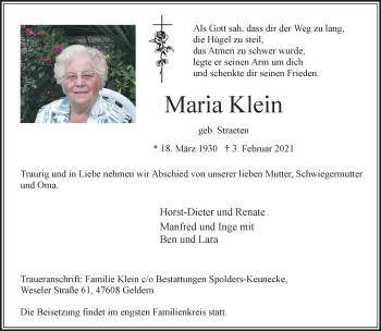 Traueranzeige von Maria Klein 