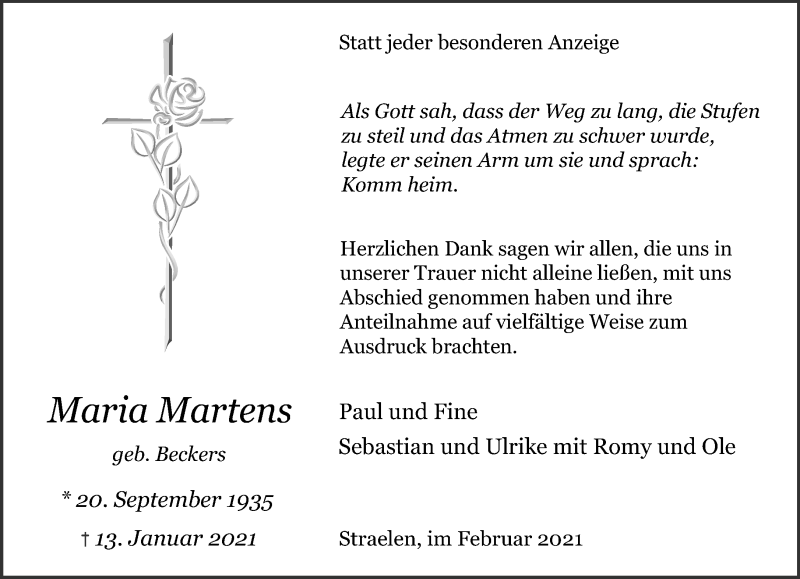  Traueranzeige für Maria Martens vom 27.02.2021 aus 