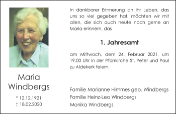 Traueranzeige von Maria Windbergs 