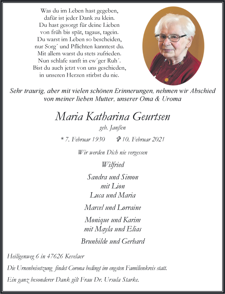  Traueranzeige für Maria Katharina Geurtsen vom 20.02.2021 aus 