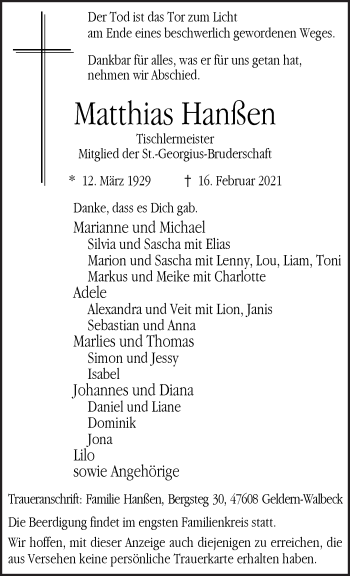 Traueranzeige von Matthias Hanßen 