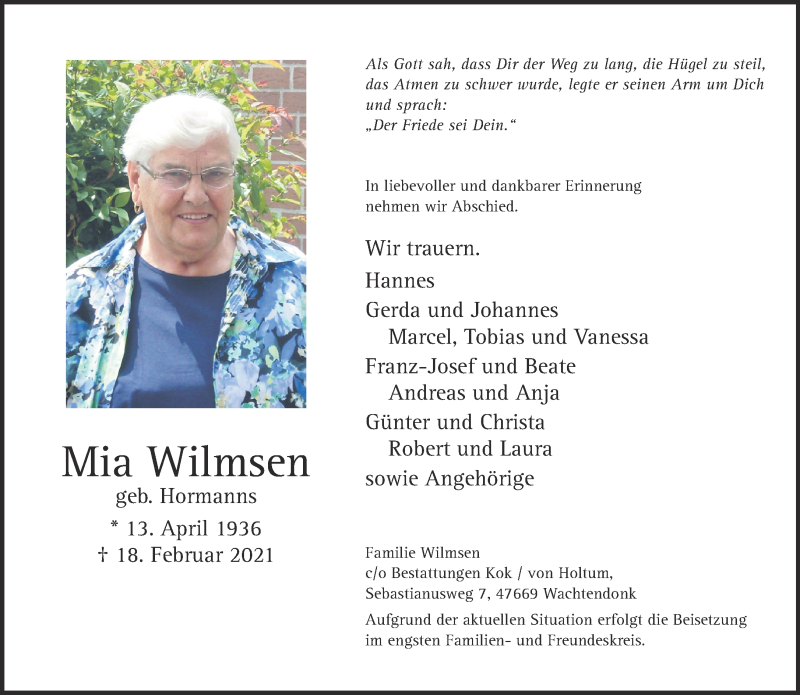  Traueranzeige für Mia Wilmsen vom 27.02.2021 aus 