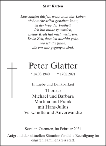 Traueranzeige von Peter Glatter 
