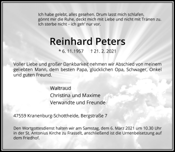 Traueranzeige von Reinhard Peters 