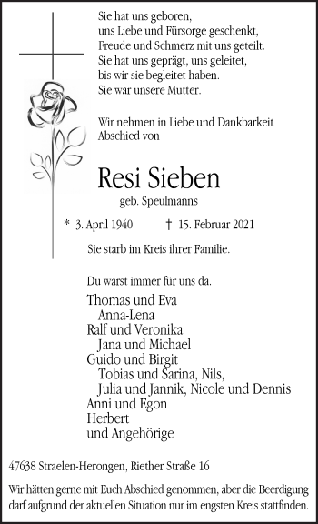Traueranzeige von Resi Sieben 