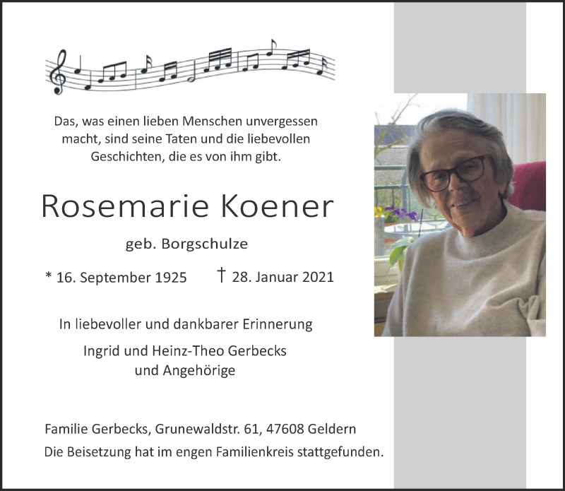  Traueranzeige für Rosemarie Koener vom 20.02.2021 aus 