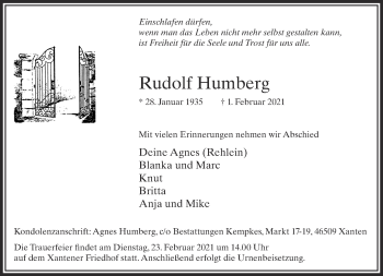 Traueranzeige von Rudolf Humberg 