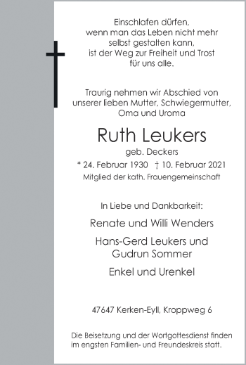 Traueranzeige von Ruth Leukers 