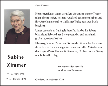 Traueranzeige von Sabine Zimmer 