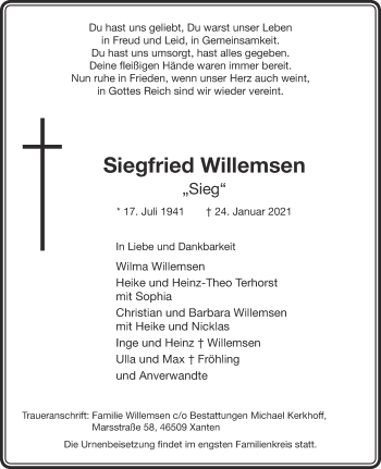 Traueranzeige von Siegfried Willemsen 