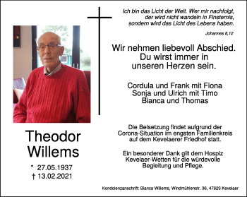 Traueranzeige von Theodor Willems 