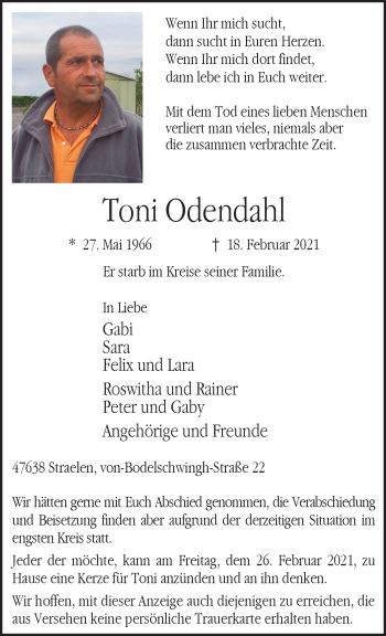 Traueranzeige von Toni Odendahl 
