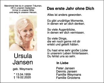 Traueranzeige von Ursula Jansen 