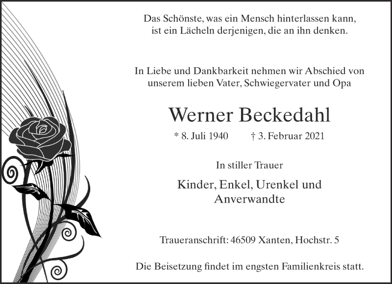  Traueranzeige für Werner Beckedahl vom 27.02.2021 aus 