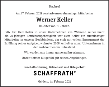 Traueranzeige von Werner Keller 
