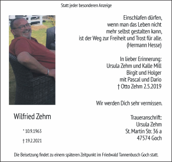 Traueranzeige von Wilfried Zehm 
