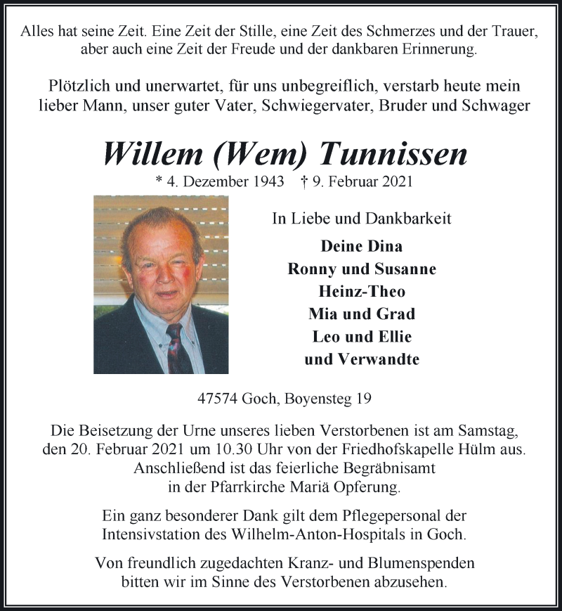  Traueranzeige für Willem Tunnissen vom 13.02.2021 aus 