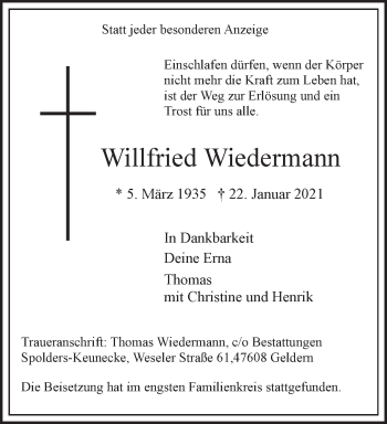 Traueranzeige von Willfried Wiedermann 
