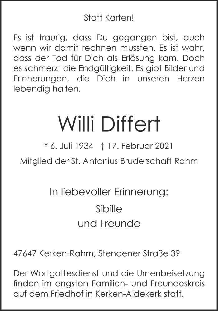 Traueranzeige für Willi Differt vom 24.02.2021 aus 