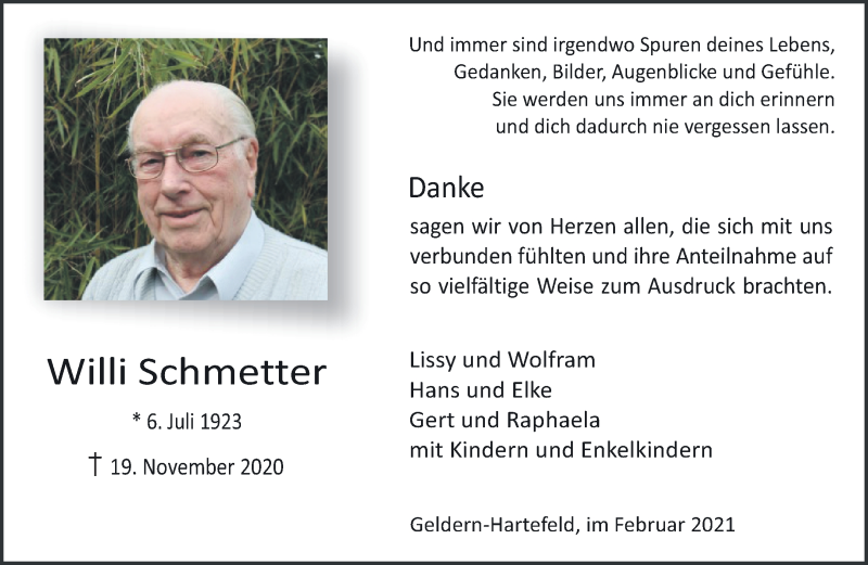 Traueranzeige für Willi Schmetter vom 13.02.2021 aus 