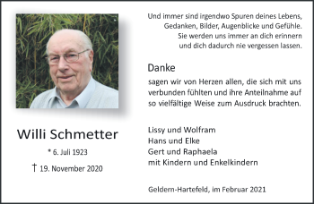 Traueranzeige von Willi Schmetter 