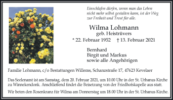 Traueranzeige von Wilma Lohmann 