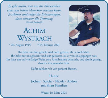 Traueranzeige von Achim Wystrach 