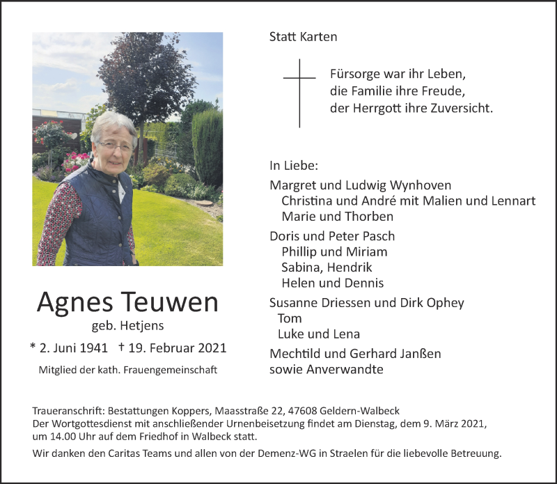  Traueranzeige für Agnes Teuwen vom 03.03.2021 aus 