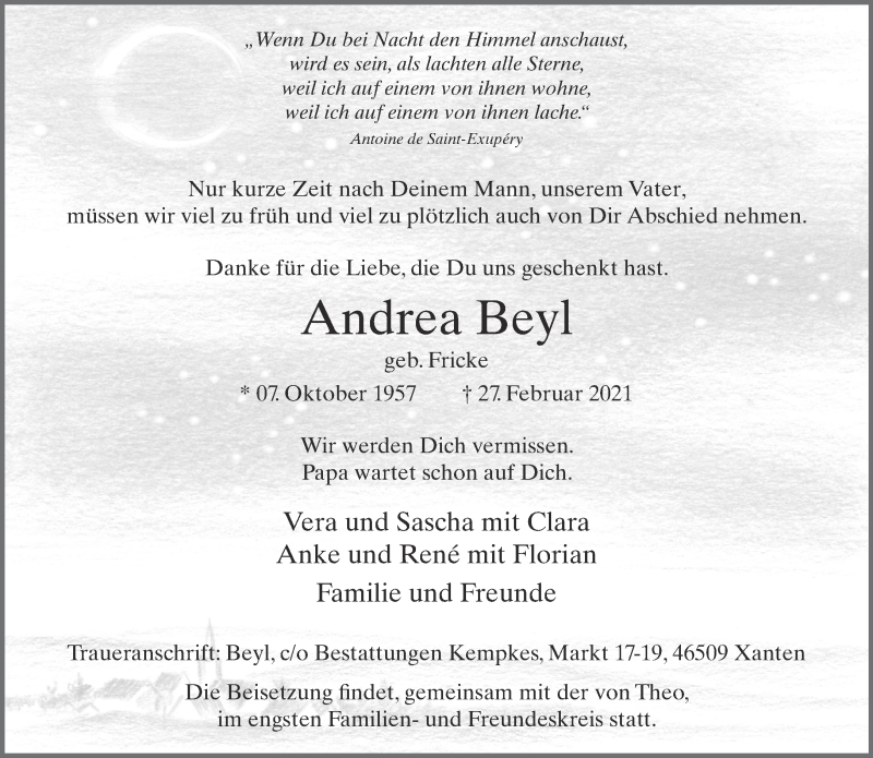  Traueranzeige für Andrea Beyl vom 06.03.2021 aus 