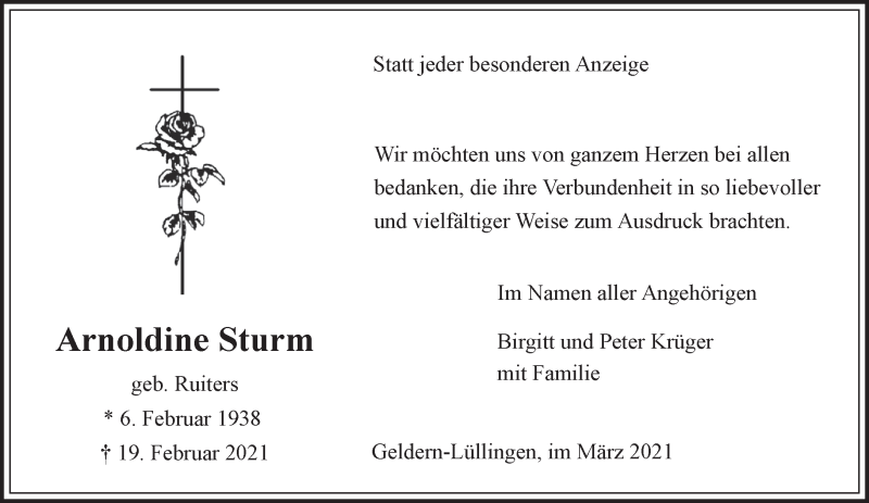  Traueranzeige für Arnoldine Sturm vom 13.03.2021 aus 