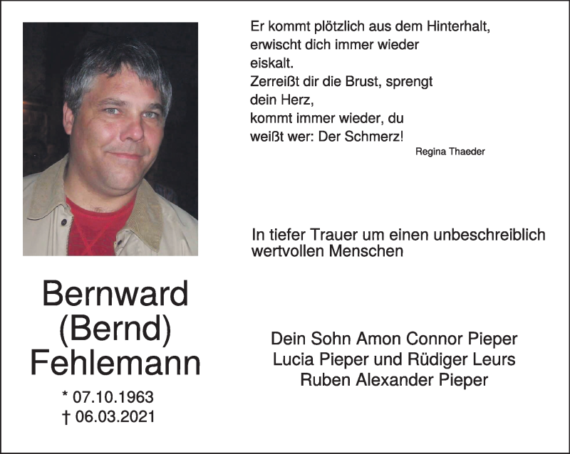  Traueranzeige für Bernward Fehlemann vom 13.03.2021 aus 