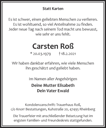 Traueranzeige von Carsten Roß 