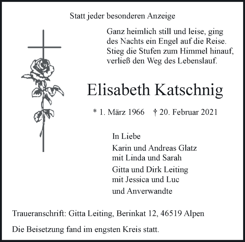  Traueranzeige für Elisabeth Katschnig vom 13.03.2021 aus 