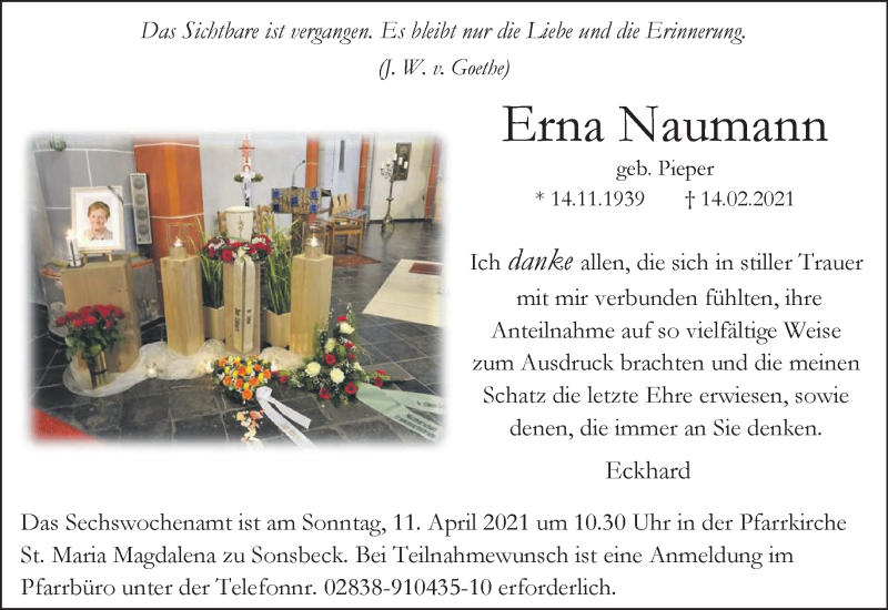 Traueranzeige für Erna Naumann vom 20.03.2021 aus 