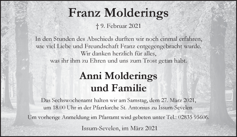  Traueranzeige für Franz Molderings vom 20.03.2021 aus 