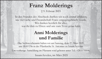 Traueranzeige von Franz Molderings 