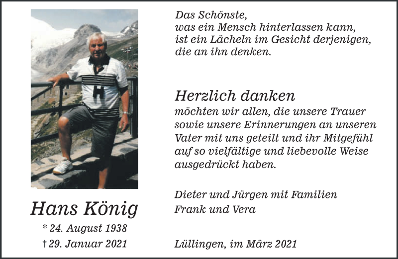  Traueranzeige für Hans König vom 13.03.2021 aus 