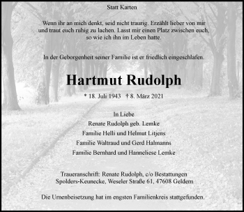 Traueranzeige von Hartmut Rudolph 