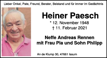 Traueranzeige von Heiner Paesch 