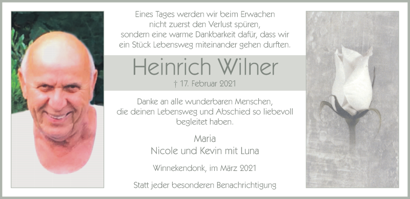  Traueranzeige für Heinrich Wilner vom 31.03.2021 aus 