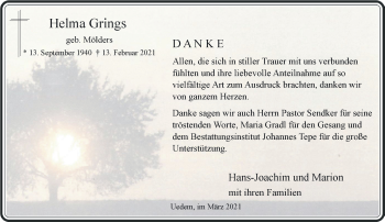 Traueranzeige von Helma Grings 