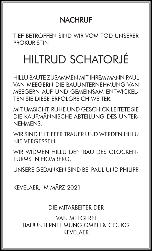  Traueranzeige für Hiltrud Schatorje vom 31.03.2021 aus 