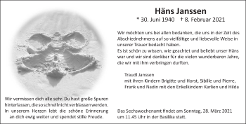 Traueranzeige von Häns Janssen 