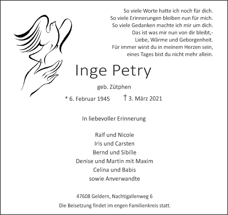  Traueranzeige für Inge Petry vom 06.03.2021 aus 