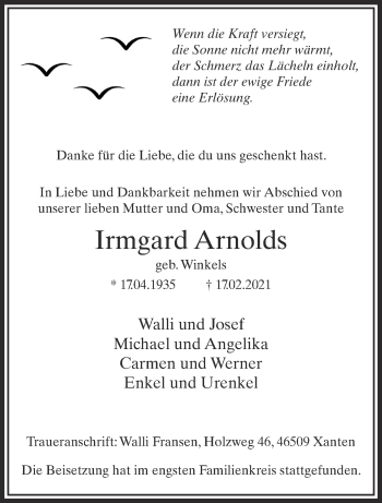 Traueranzeige von Irmgard Arnolds 