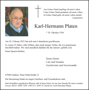 Traueranzeige von Karl-Hermann Platen 